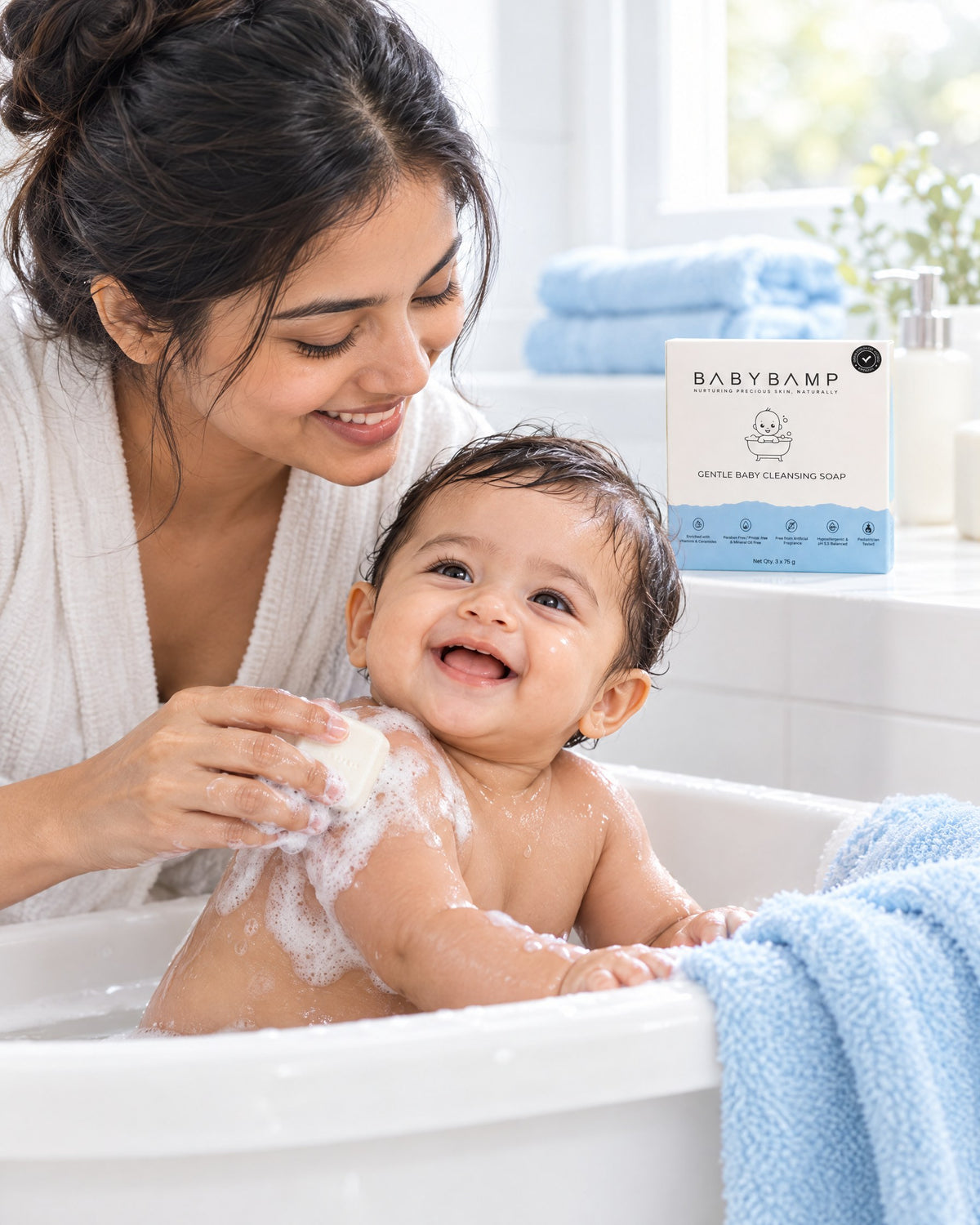 Mother bathing her smiling baby with the BabyBamp cleansing bar