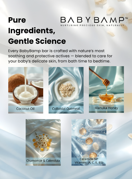 Advertisement for BabyBamp with product ingredients displayed on a light gray background.
