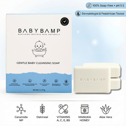 BabyBamp gentle baby cleansing soap packaging with a bar of soap on a light blue background