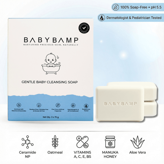 BabyBamp gentle baby cleansing soap packaging with a bar of soap on a light blue background