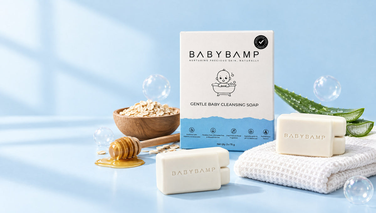 BabyBamp cleansing bars and carton with oats, honey and aloe vera