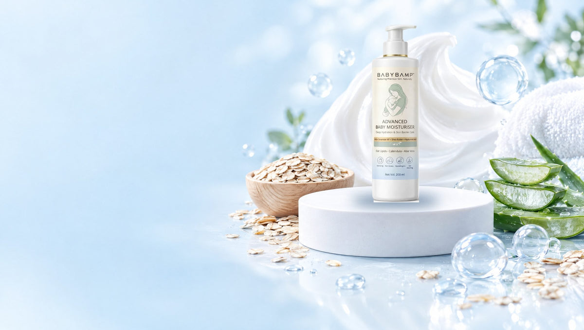 BabyBamp Advanced Baby Moisturiser on a white pedestal with cream, oats and aloe