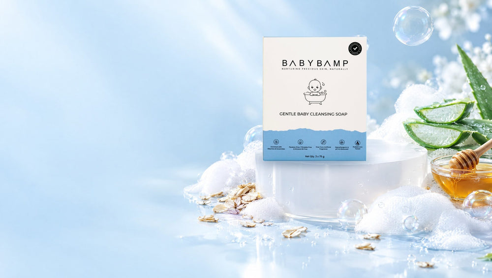 BabyBamp Gentle Baby Cleansing Soap carton with lather, oats, honey and aloe
